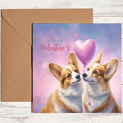 Corgi Couple with Heart Balloon | Valentine's Card | Valentine's Day