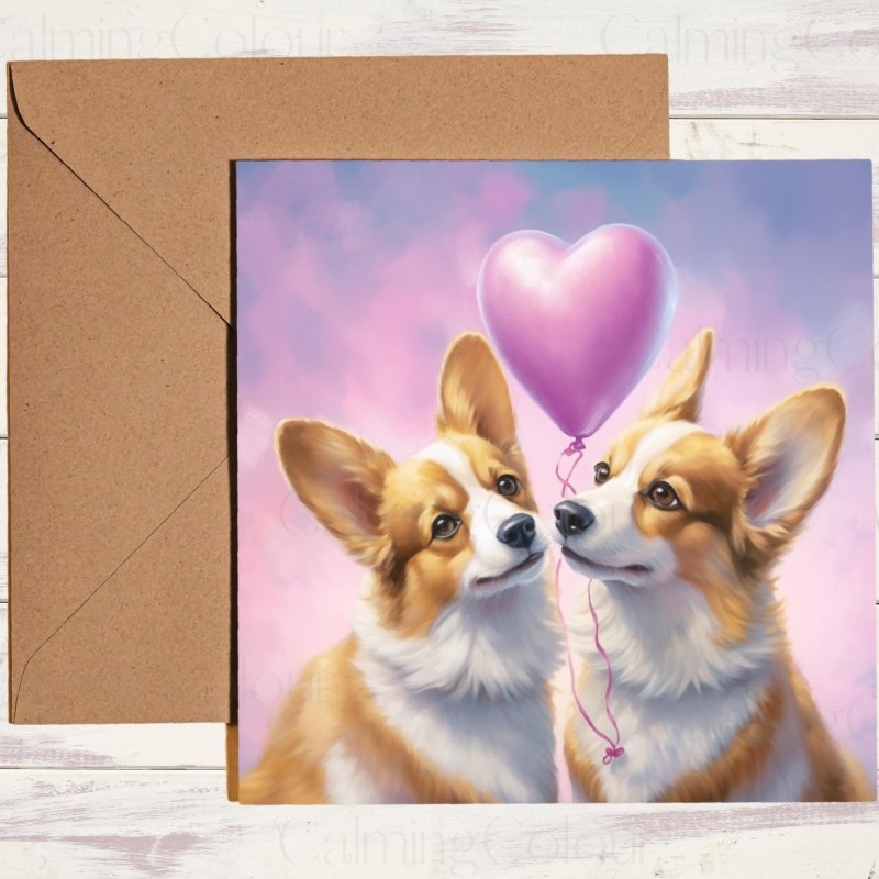 Corgi Couple with Heart Balloon | Valentine's Card | Valentine's Day