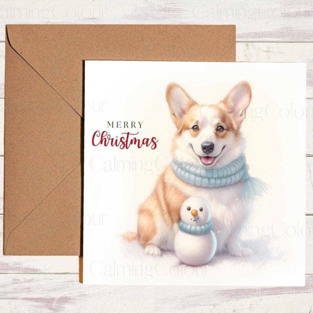 Corgi wearing Scarf next to Mini Snowman | Christmas Card | Christmas Card