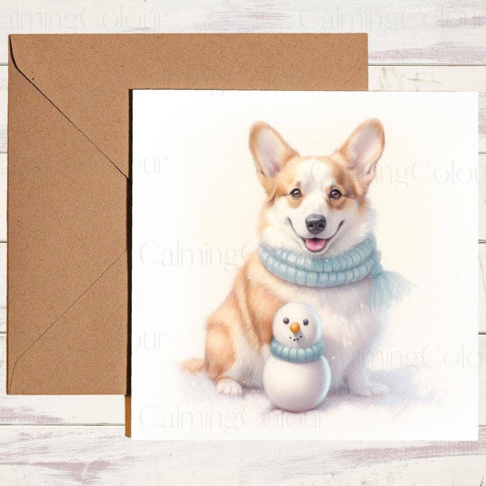 Corgi wearing Scarf next to Mini Snowman | Christmas Card | Christmas Card