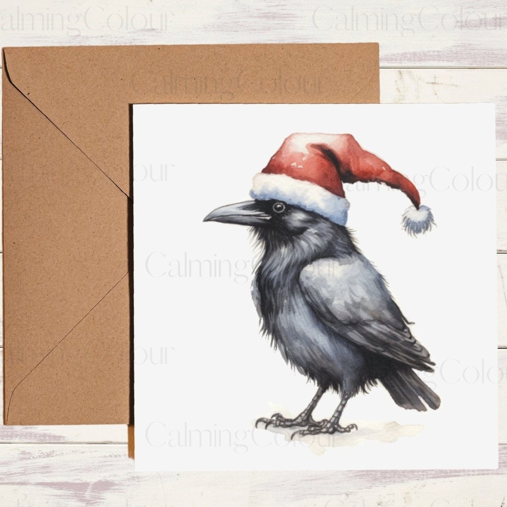 Crow wearing Red Santa Hat | Christmas Card | Calming Colour