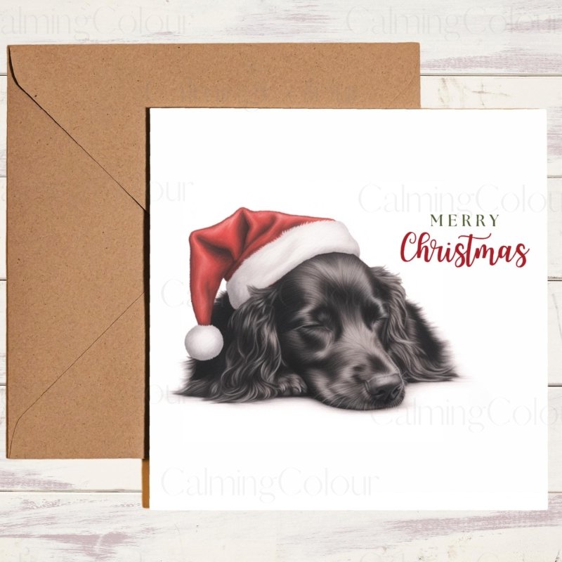 Cute Flat - Coated Retriever Sleeping Soundly | Christmas Card | Christmas Card