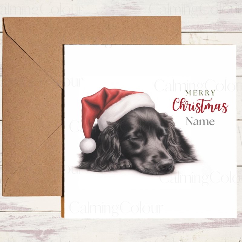 Cute Flat - Coated Retriever Sleeping Soundly | Christmas Card | Christmas Card