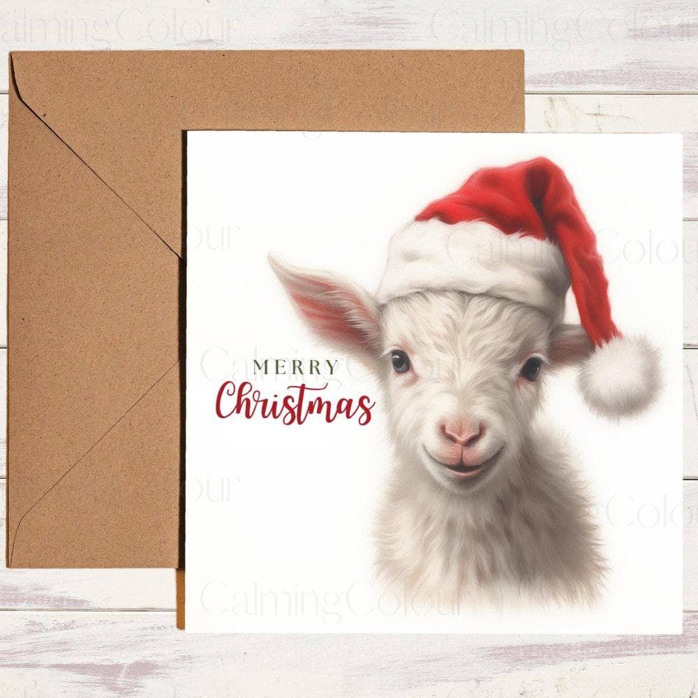 Cute Goat wearing a Red Santa Hat | Christmas Card | Christmas Card