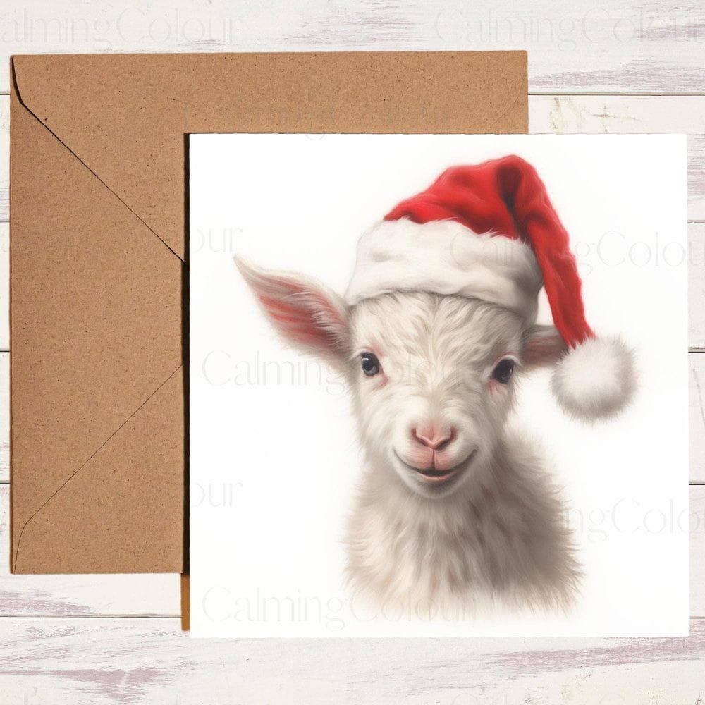 Cute Goat wearing a Red Santa Hat | Christmas Card | Christmas Card