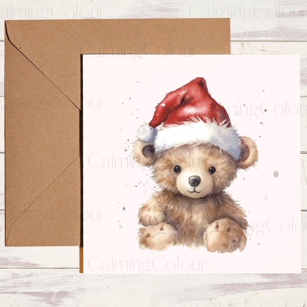 Cute Teddy Bear wearing Red Santa Hat | Christmas Card | Calming Colour