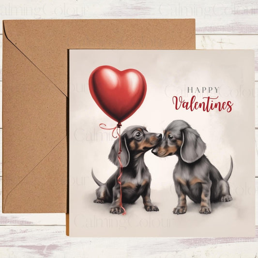 Dachshund Couple with Red Balloon | Valentine's Card | With Love | Calming Colour