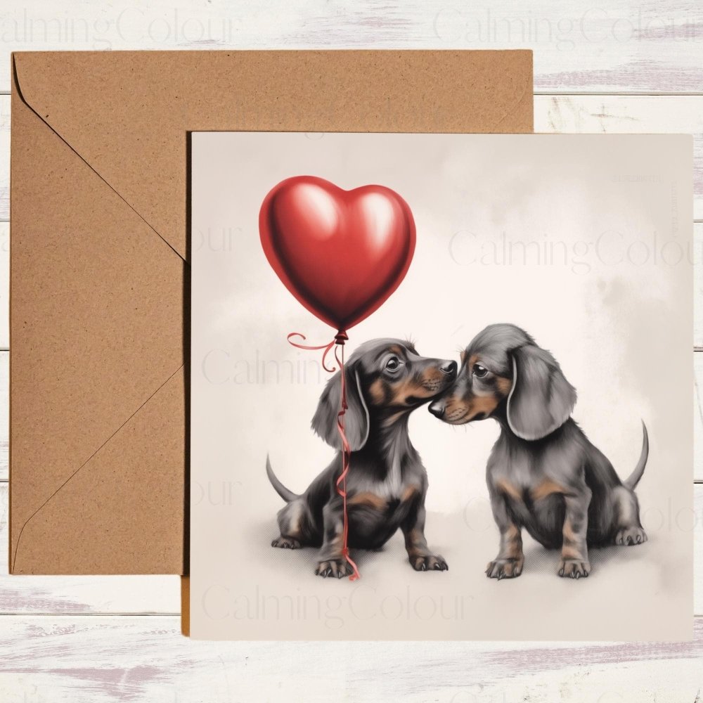 Dachshund Couple with Red Balloon | Valentine's Card | With Love | Calming Colour