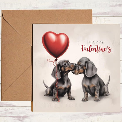 Dachshund Couple with Red Heart Balloon | Valentine's Card | Valentine's Day