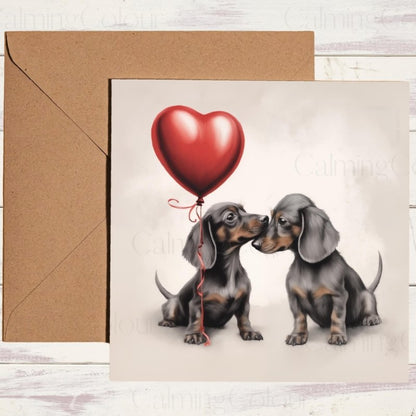Dachshund Couple with Red Heart Balloon | Valentine's Card | Valentine's Day