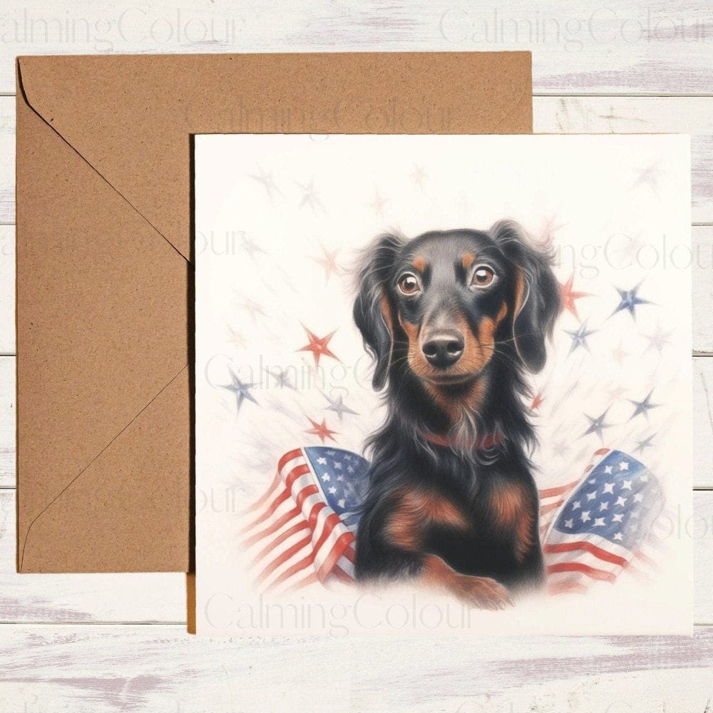 Dachshund Wearing 4th July Top Hat | Greeting Card | Calming Colour