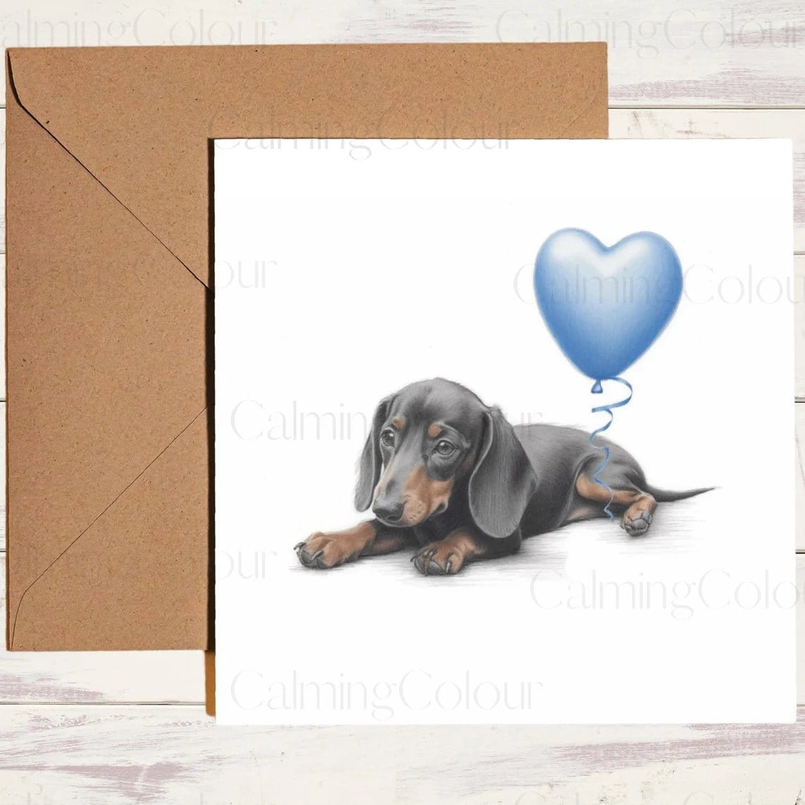 Dachshund with Blue Balloon | Greeting Card | Calming Colour