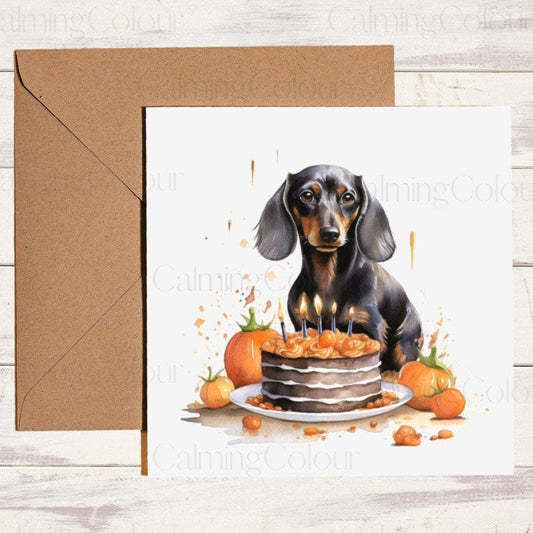 Dachshund with Halloween Birthday Cake| Halloween Card | Birthday Card