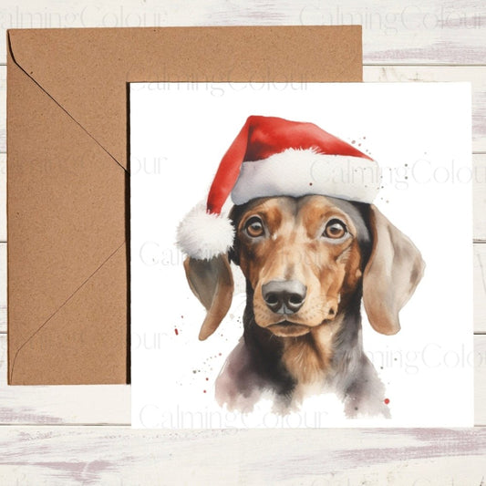 Dachshund with Red Santa Hat | Christmas Card | Calming Colour