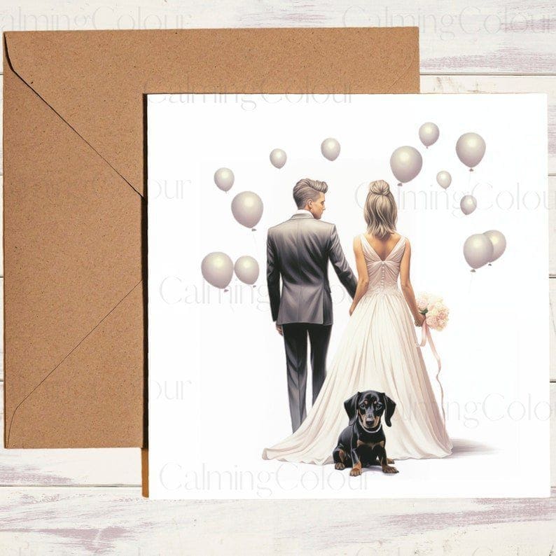 Dachshund with Wedding Couple | Wedding Card | Calming Colour