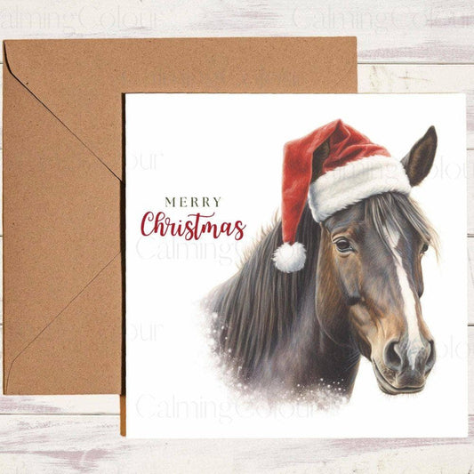 Dark Brown Horse wearing Red Santa Hat | Christmas Card | Christmas Card