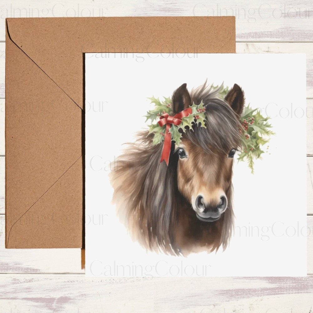 Dark Brown Shetland Pony | Christmas Card | Card for Shetland Lover | Calming Colour