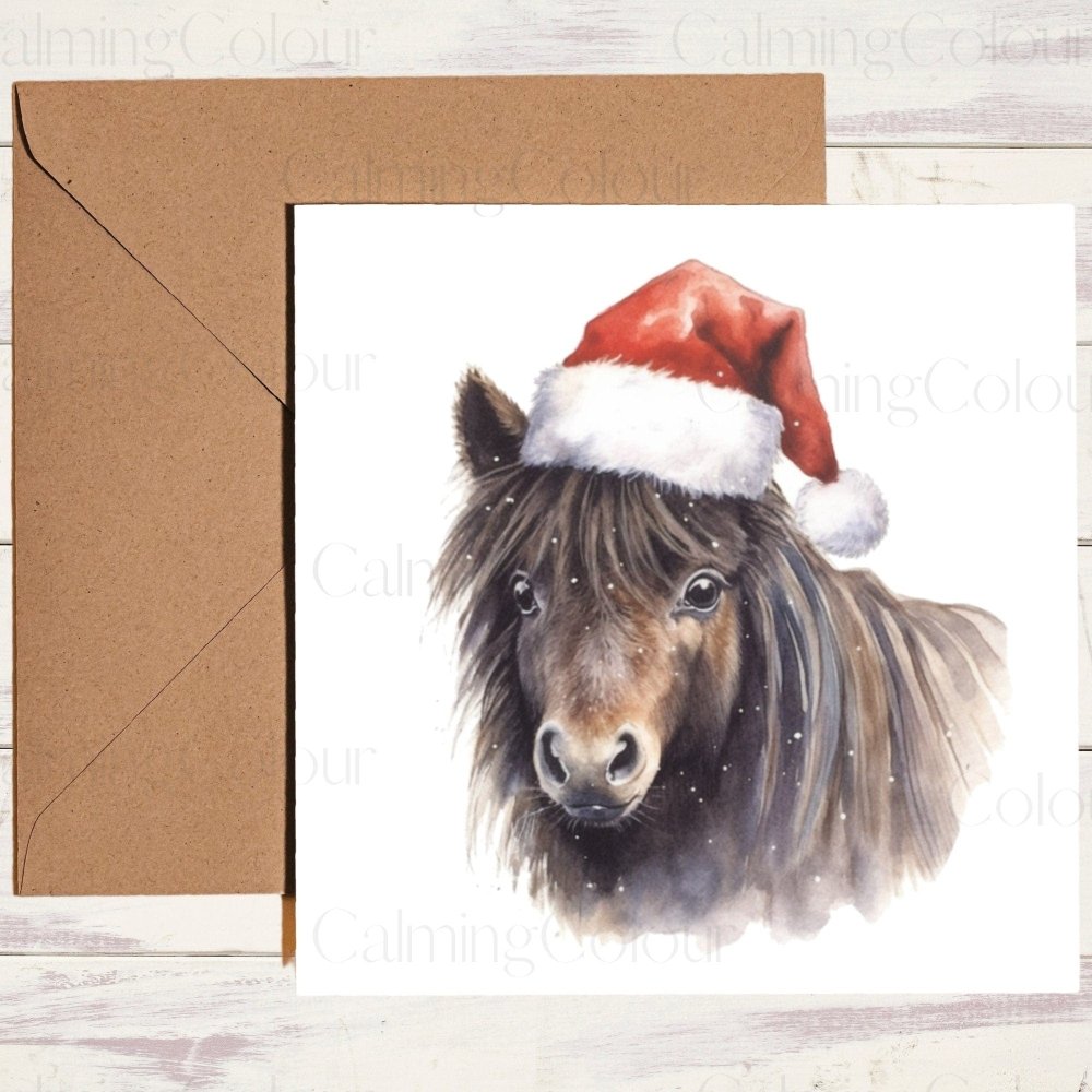 Dark Brown Shetland Pony wearing Red Santa Hat | Christmas Card | Calming Colour