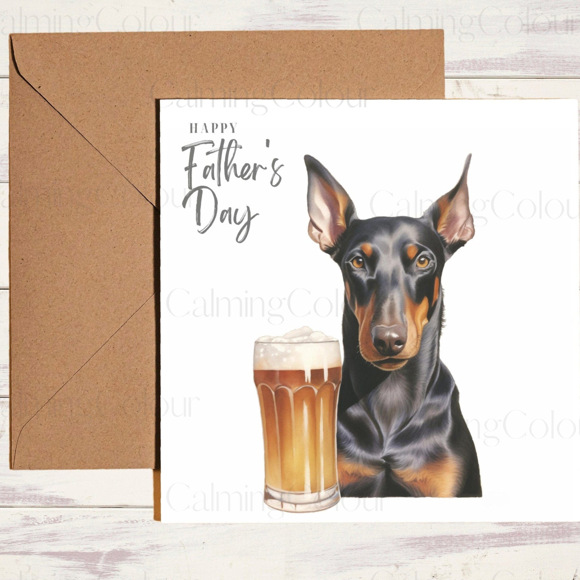 Doberman with Pint Glass | Father's Day Card | Calming Colour