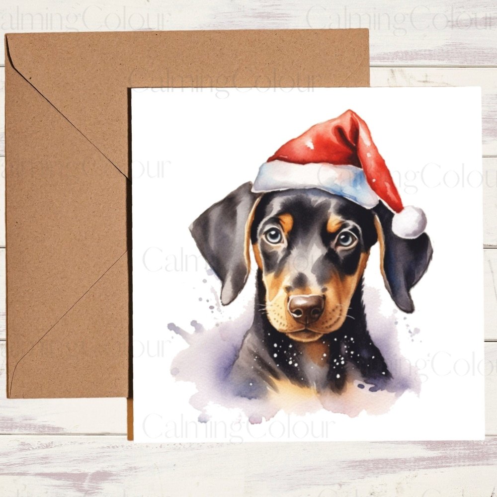 Doberman Puppy wearing Red Santa Hat | Christmas Card | Calming Colour