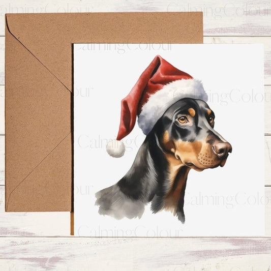 Doberman wearing Red Santa Hat | Christmas Card | Calming Colour