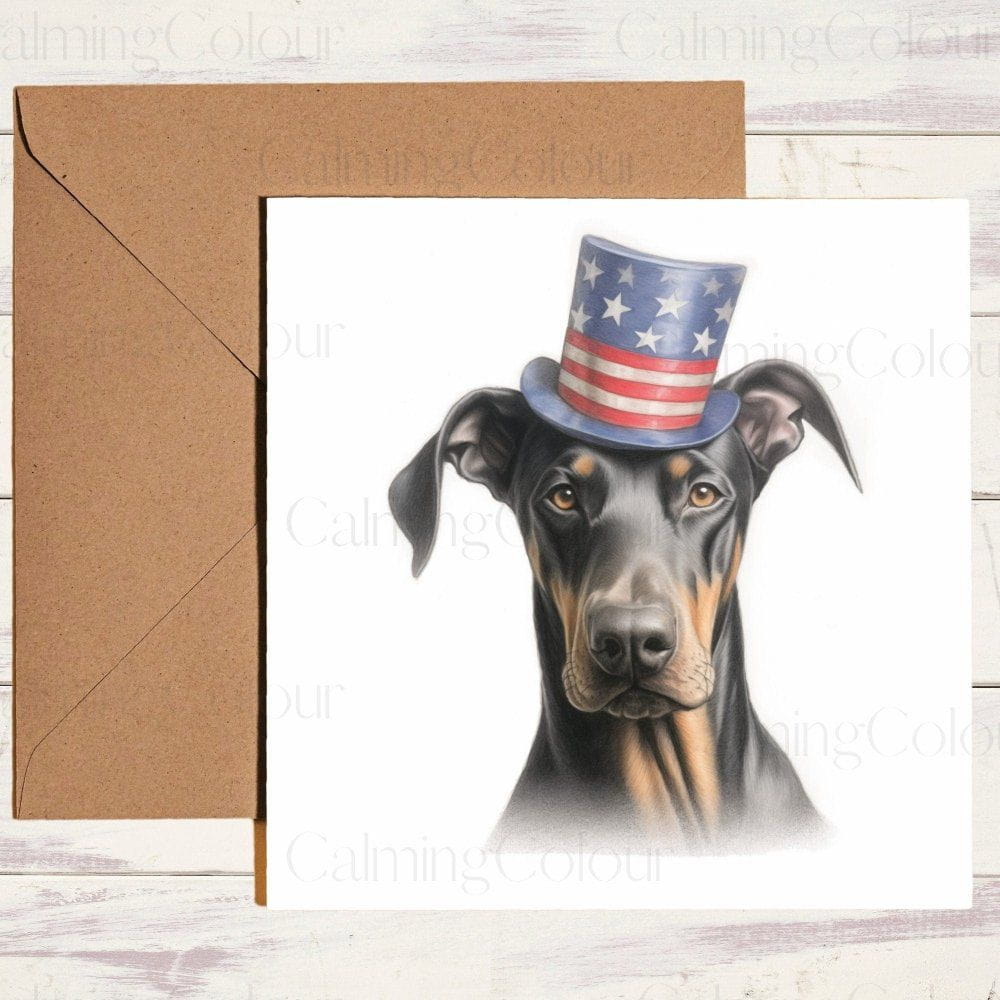 Doberman Wearing Stars + Stripes Top Hat | Greeting Card | Calming Colour