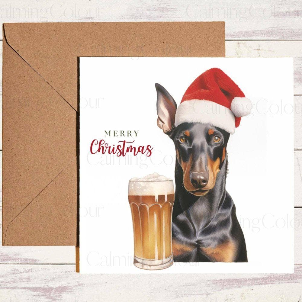 Doberman with Pint and Red Santa Hat | Christmas Card | Calming Colour