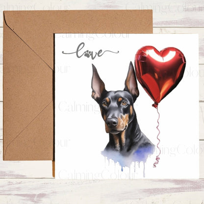 Doberman with Red Balloon | Greeting Card | Single Card | Calming Colour