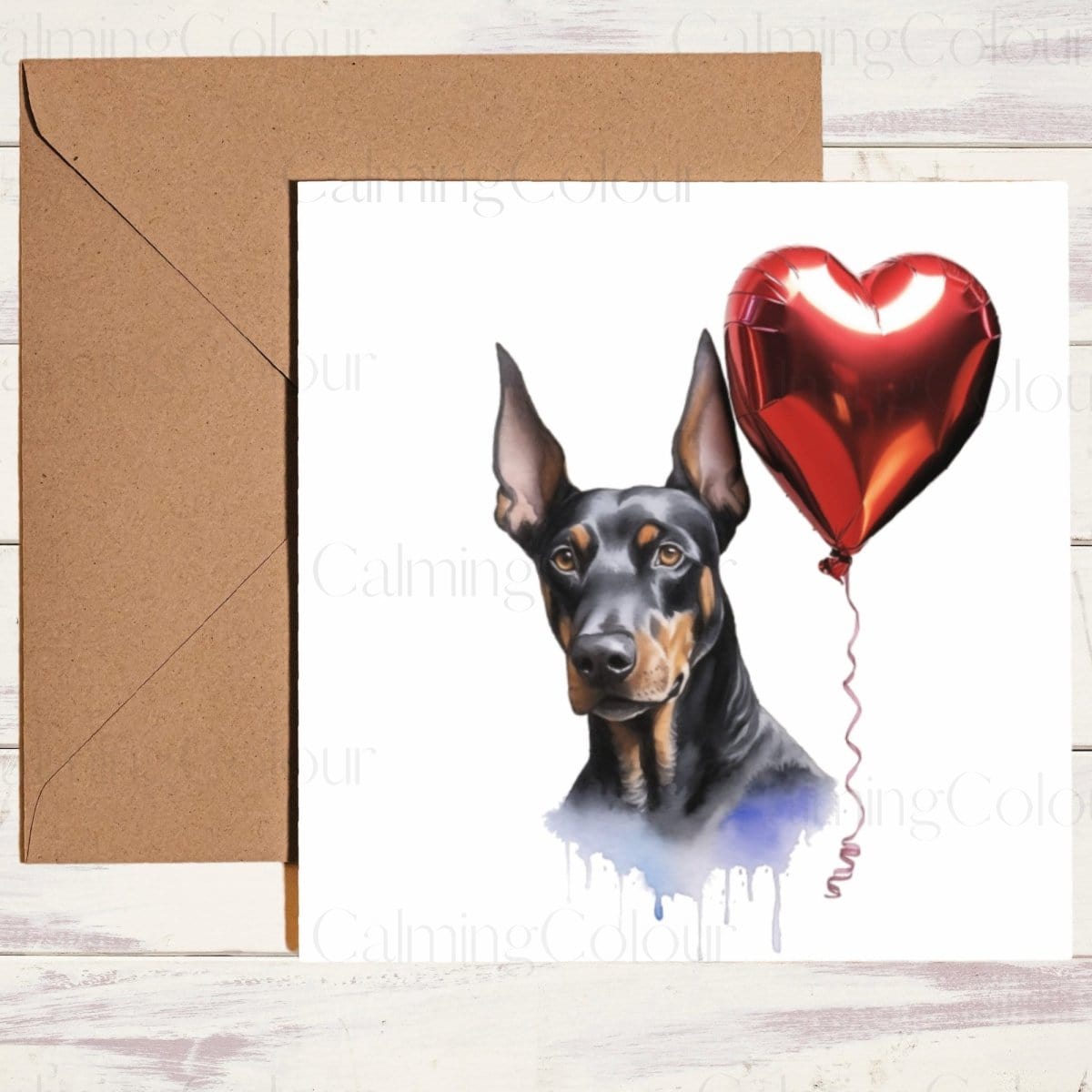 Doberman with Red Balloon | Greeting Card | Single Card | Calming Colour