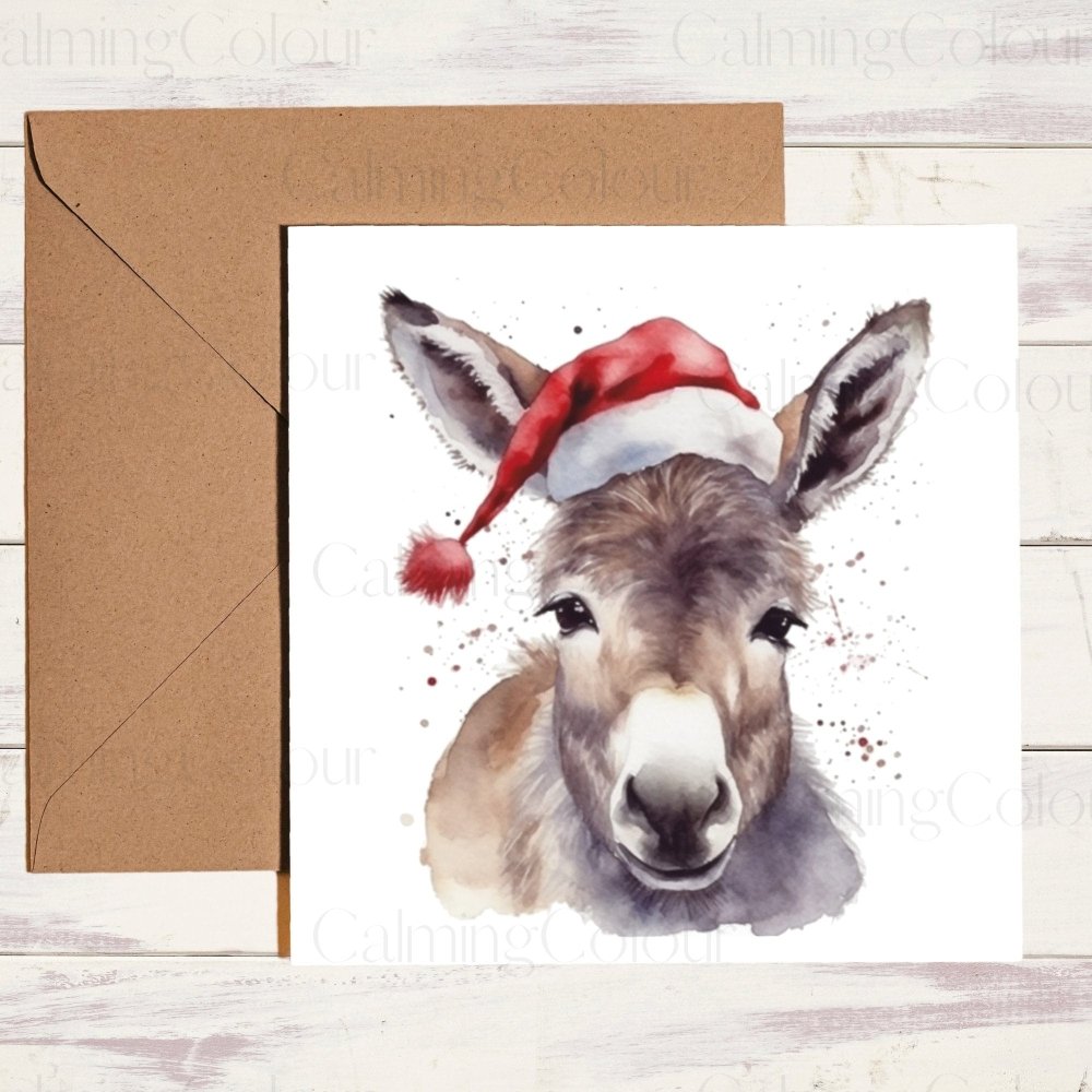 Donkey Christmas Card wearing Red Santa Hat | Christmas Card | Calming Colour