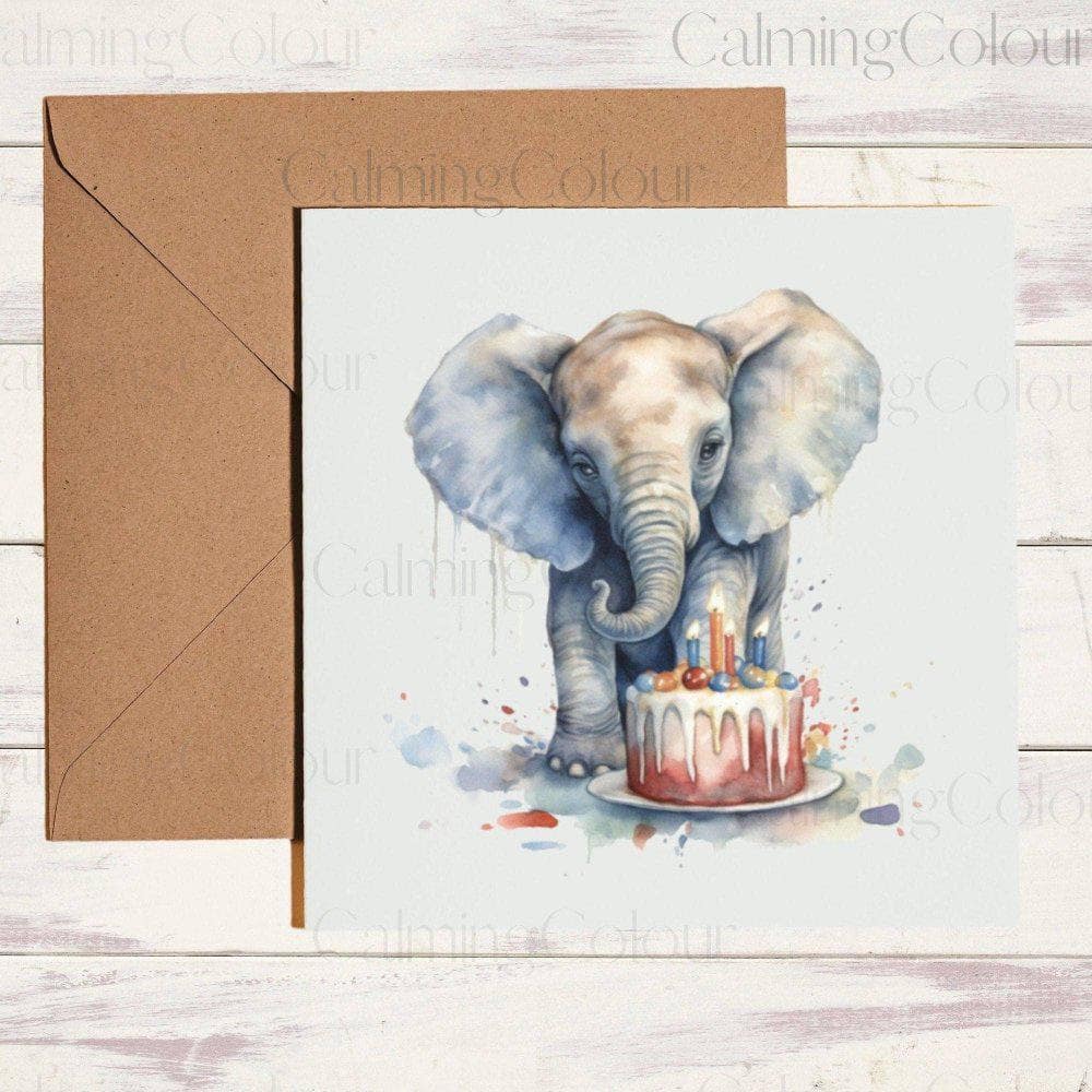 Elephant with Birthday Cake | Birthday Card for Elephant Lover | Birthday Card