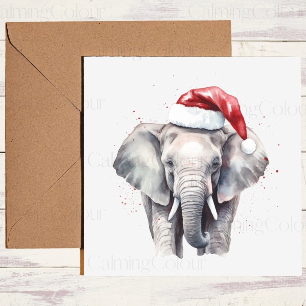 Elephant Christmas wearing Red Santa Hat | Christmas Card | Calming Colour