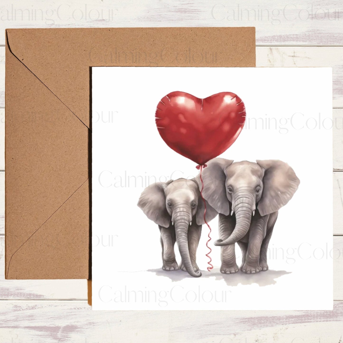 Elephant with Calf and Red Ballon | Greeting Card | Calming Colour