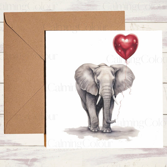 Elephant with Red Balloon | Greeting Card | Single Card | | Calming Colour