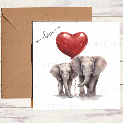 Elephant with Calf and Red Ballon | Greeting Card | Calming Colour