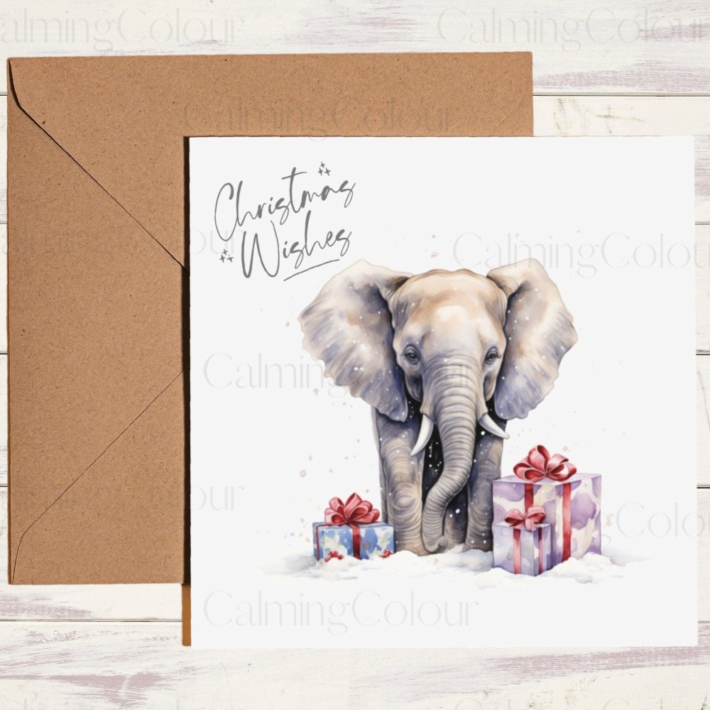 Elephant with Christmas Presents | Christmas Card | Calming Colour