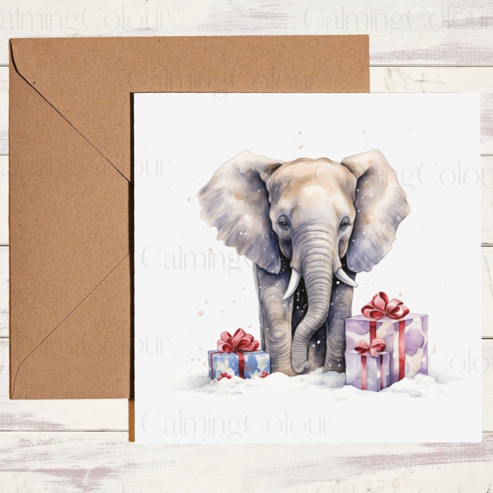 Elephant with Christmas Presents | Christmas Card | Calming Colour