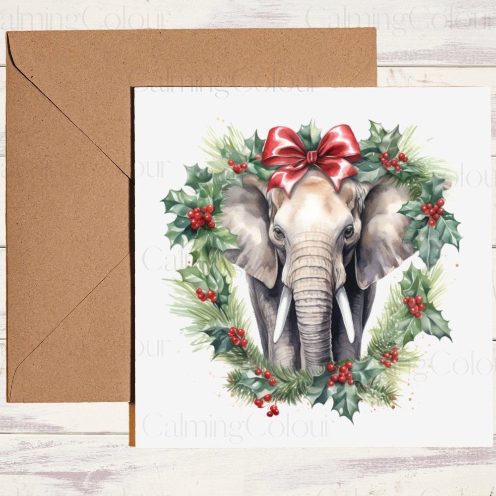 Elephant with Red Christmas Wreath | Christmas Card | Calming Colour