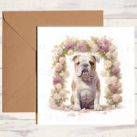 English Bulldog In Front Of Floral Archway | Wedding Day | Calming Colour