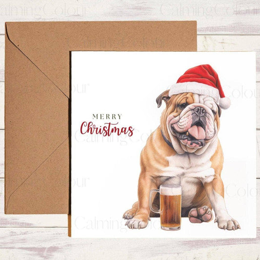 English Bulldog Smiling with a Pint and wearing Red Santa Hat | Christmas Card | Christmas Card