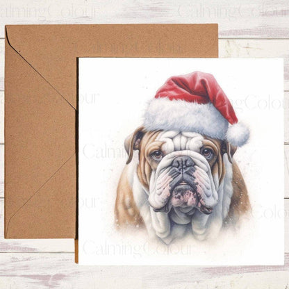 English Bulldog wearing Red Santa Hat | Christmas Card | Christmas Card