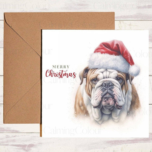 English Bulldog wearing Red Santa Hat | Christmas Card | Christmas Card