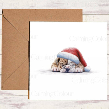 English Bulldog wearing Red Santa Hat whilst Sleeping | Christmas Card | Christmas Card