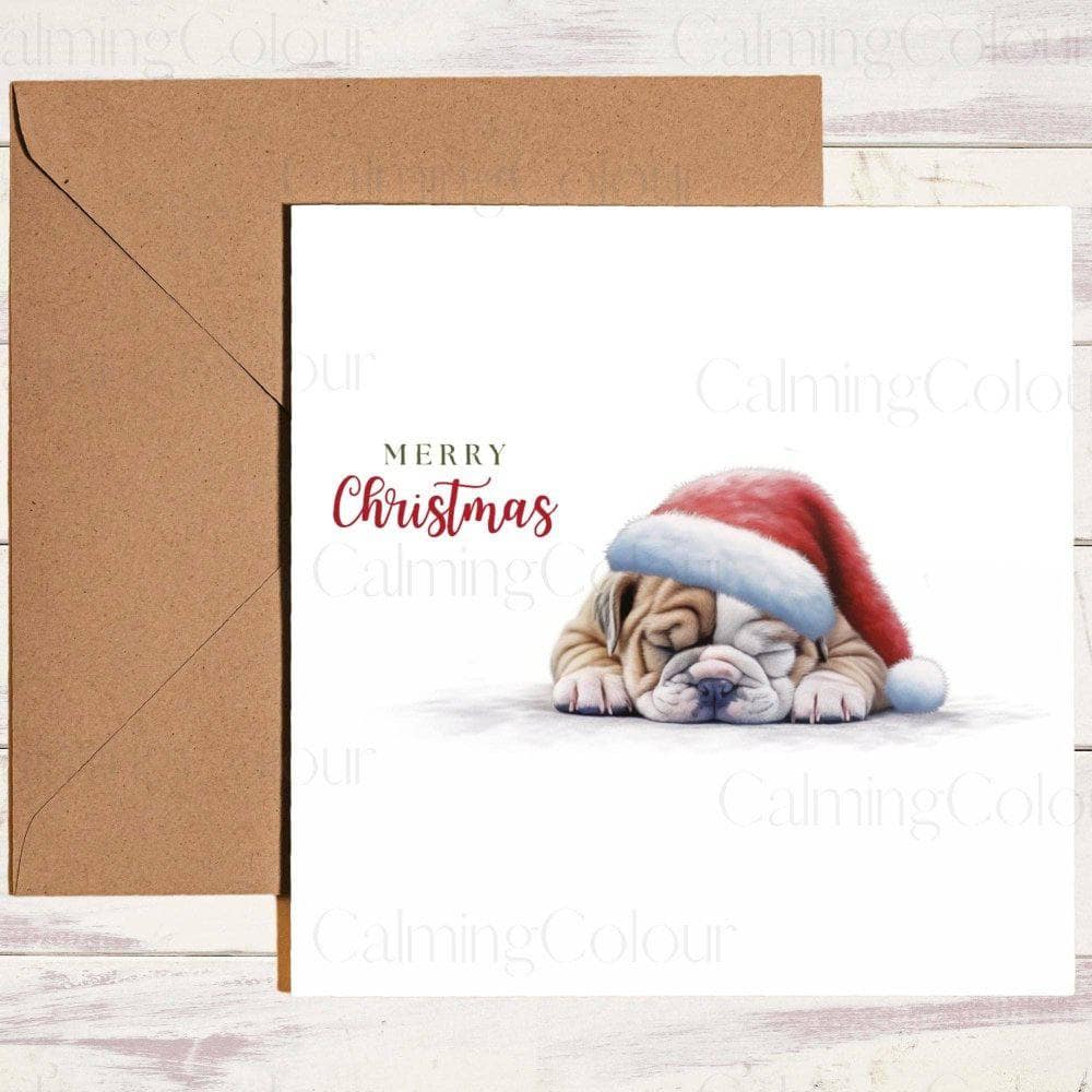 English Bulldog wearing Red Santa Hat whilst Sleeping | Christmas Card | Christmas Card