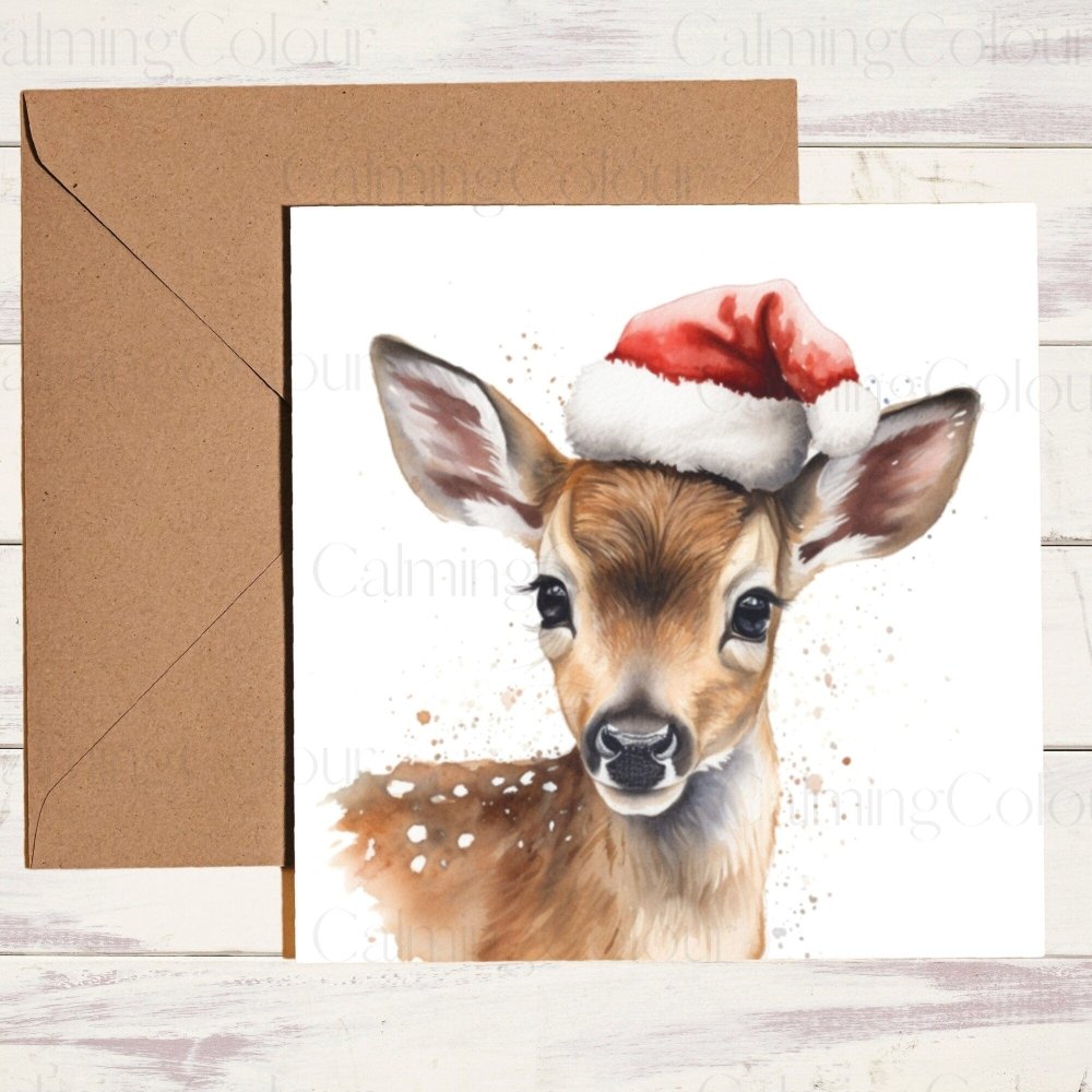 Fawn wearing Red Santa Hat | Christmas Card | Calming Colour