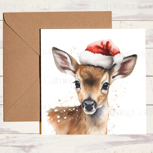 Fawn wearing Red Santa Hat | Christmas Card | Christmas Card