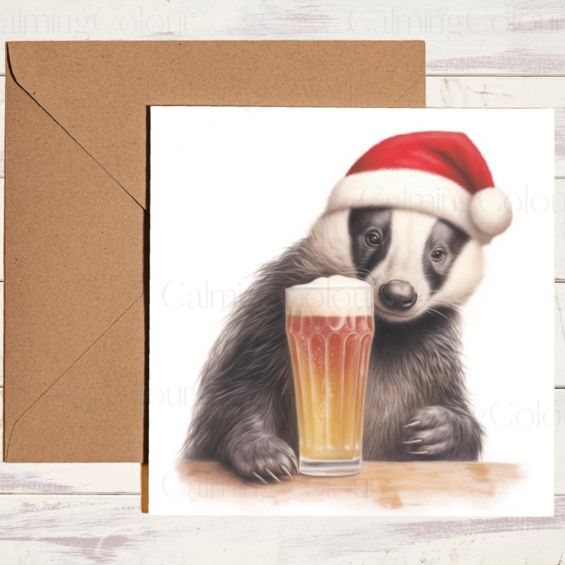 Festive Badger with Pint | Christmas Greeting Card | Christmas Card