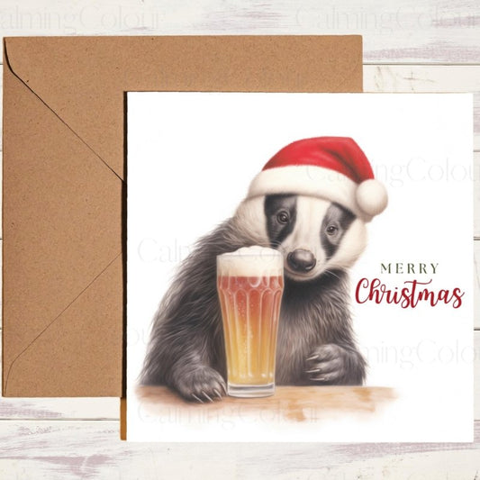 Festive Badger with Pint | Christmas Greeting Card | Christmas Card
