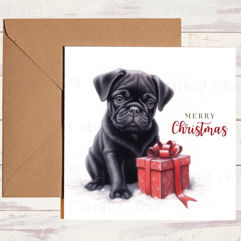 Festive Black Pug Christmas Card with Red Gift | Christmas Card