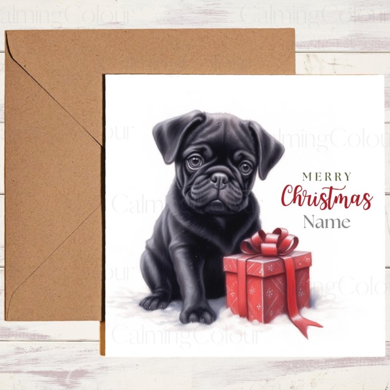 Festive Black Pug Christmas Card with Red Gift | Christmas Card
